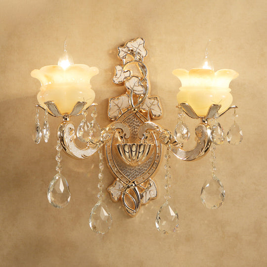 White Glass Wall Sconce With Crystal Draping Brass Mount - Traditional Candle Style Lighting (1/2