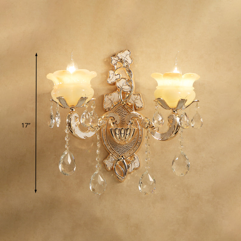 White Glass Wall Sconce With Crystal Draping Brass Mount - Traditional Candle Style Lighting (1/2