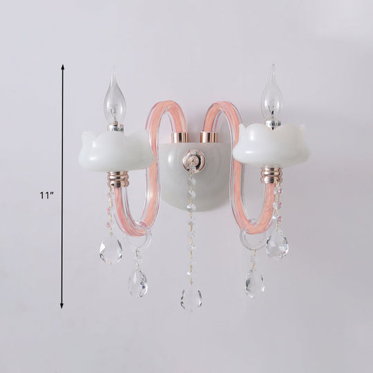 Pink Crystal Prism Sconce With 2 Bulbs: Traditional Candelabra Wall Light For Living Room