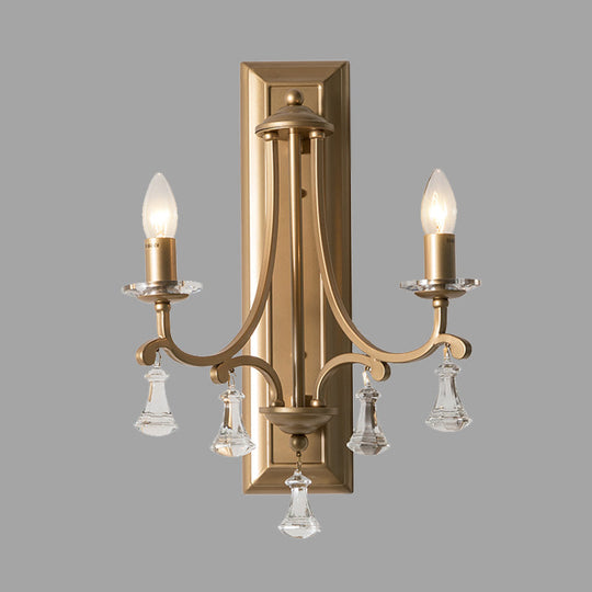 Retro Gold Crystal Wall Lamp With 2 Bulbs - Elegant Candelabra Light For Living Room