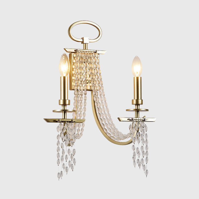 Gold Crystal Wall Sconce With Rustic Charm: Ideal For Dining Room Lighting (2-Light Candle Mount)