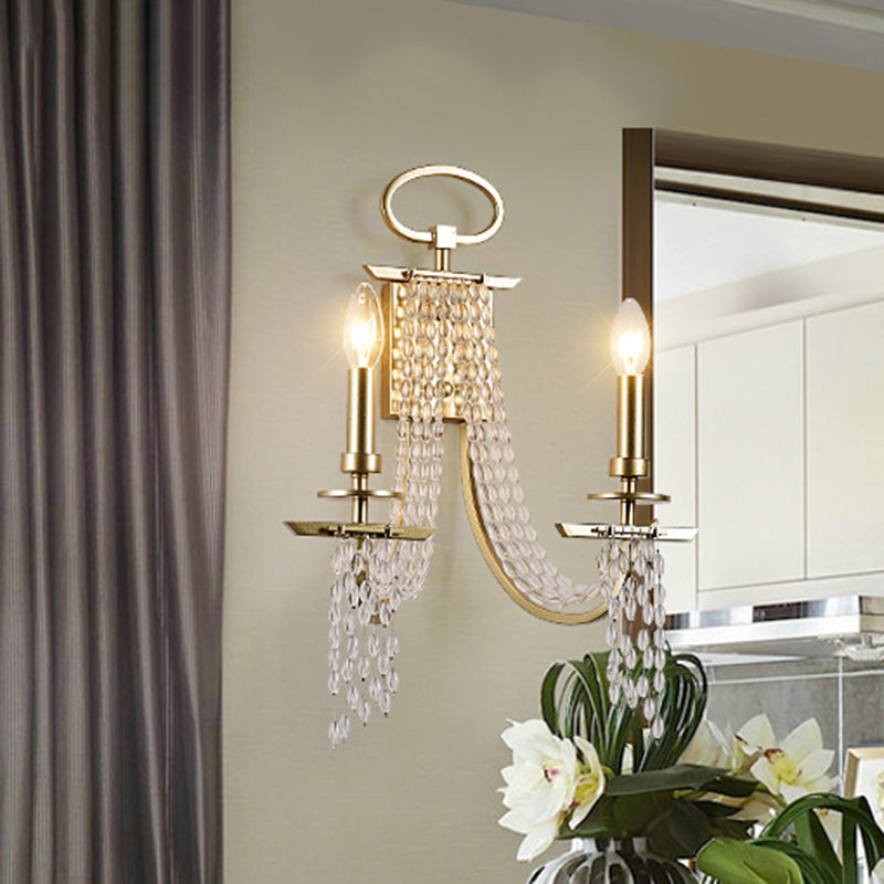 Gold Crystal Wall Sconce With Rustic Charm: Ideal For Dining Room Lighting (2-Light Candle Mount)