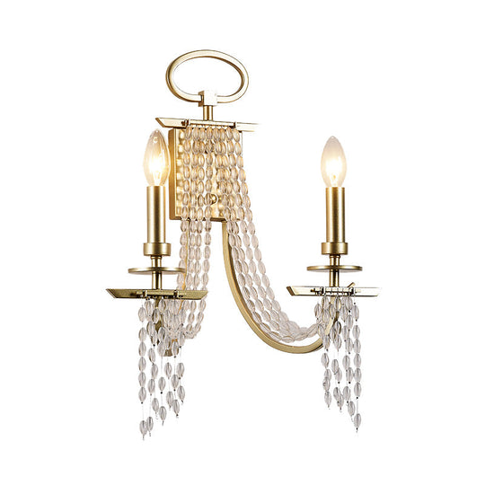 Gold Crystal Wall Sconce With Rustic Charm: Ideal For Dining Room Lighting (2-Light Candle Mount)