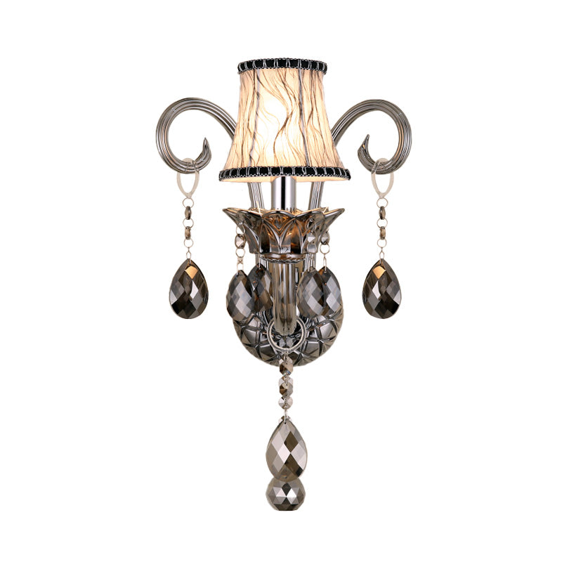 Traditional Chrome Bell Fabric Wall Sconce With Crystal Draping - Bedroom Mounted Light