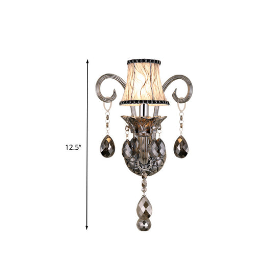 Traditional Chrome Bell Fabric Wall Sconce With Crystal Draping - Bedroom Mounted Light