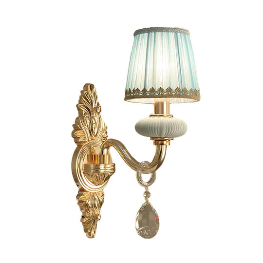 Traditional Fabric Barrel Wall Sconce With Crystal Accent - Pink/Blue 1/2 Head Lighting For Bedroom