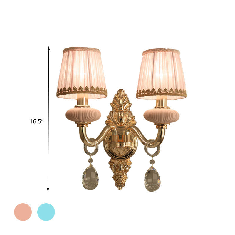 Traditional Fabric Barrel Wall Sconce With Crystal Accent - Pink/Blue 1/2 Head Lighting For Bedroom