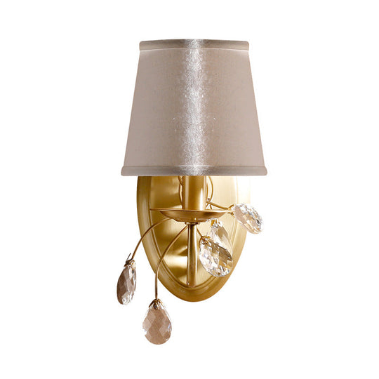 Traditional Conical Crystal Wall Light Sconce With Brass Fixture And Fabric Shade