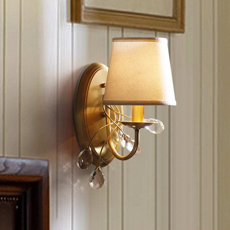 Traditional Conical Crystal Wall Light Sconce With Brass Fixture And Fabric Shade