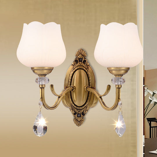 Gold Wall Mounted Crystal Prism Blossom Lamp - Traditional Bedroom Sconce Light Fixture (1/2 Bulbs)