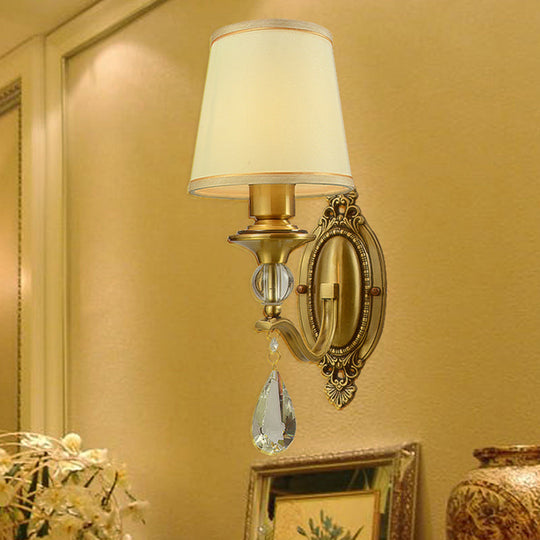 Traditional Conical Wall Mount Lamp - Fabric Sconce Lighting In Gold With Crystal Embellishments