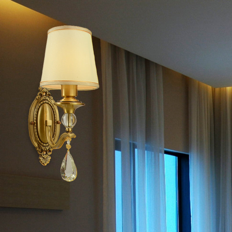 Traditional Conical Wall Mount Lamp - Fabric Sconce Lighting In Gold With Crystal Embellishments