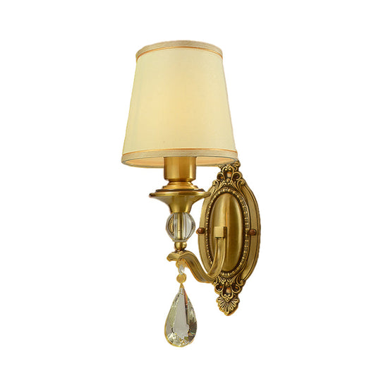 Traditional Conical Wall Mount Lamp - Fabric Sconce Lighting In Gold With Crystal Embellishments