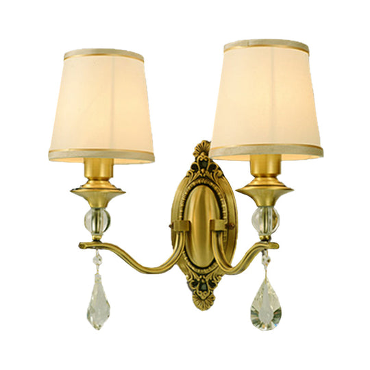 Traditional Conical Wall Mount Lamp - Fabric Sconce Lighting In Gold With Crystal Embellishments