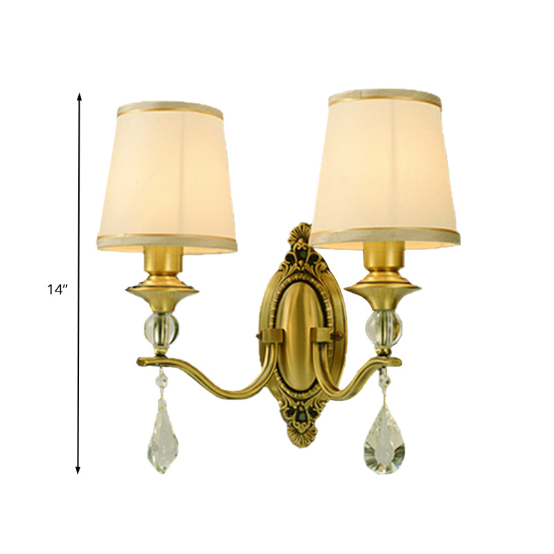 Traditional Conical Wall Mount Lamp - Fabric Sconce Lighting In Gold With Crystal Embellishments