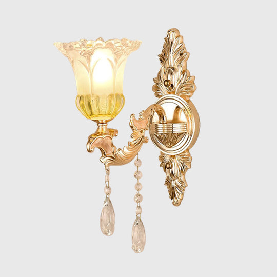 Frosted Glass Wall Sconce With Crystal Draping - Traditionalist Gold Flower Design For Living Room