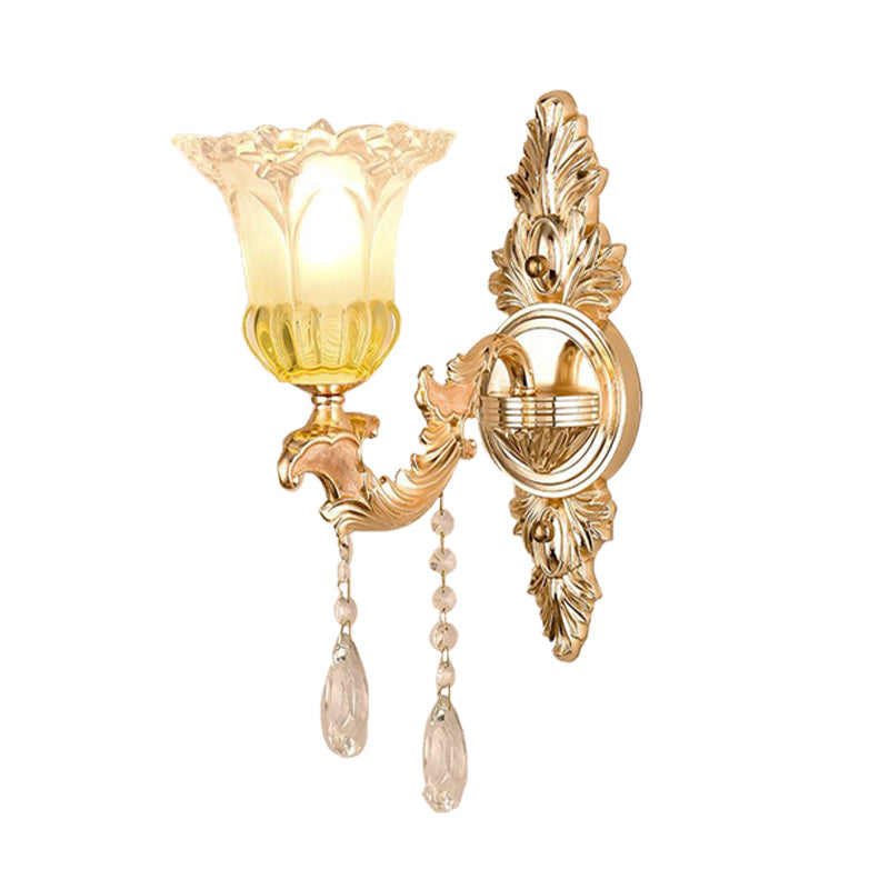 Frosted Glass Wall Sconce With Crystal Draping - Traditionalist Gold Flower Design For Living Room