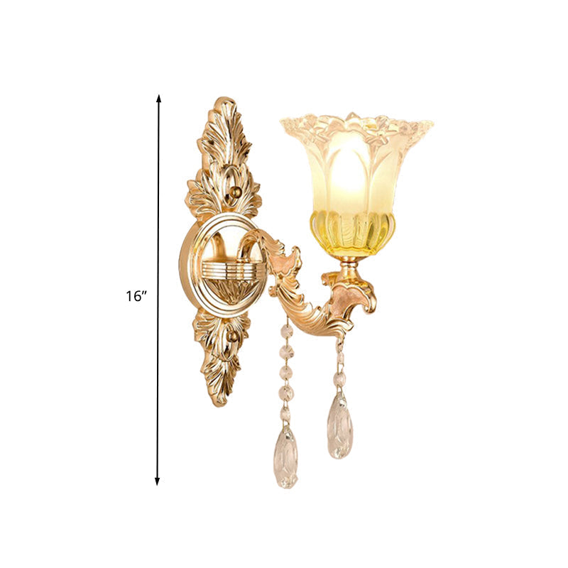 Frosted Glass Wall Sconce With Crystal Draping - Traditionalist Gold Flower Design For Living Room