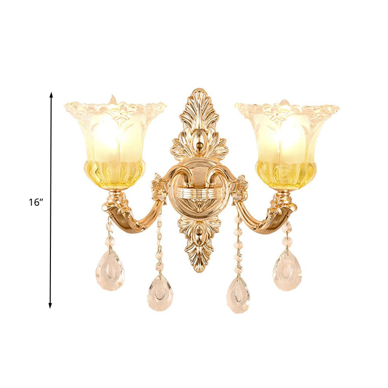 Frosted Glass Wall Sconce With Crystal Draping - Traditionalist Gold Flower Design For Living Room