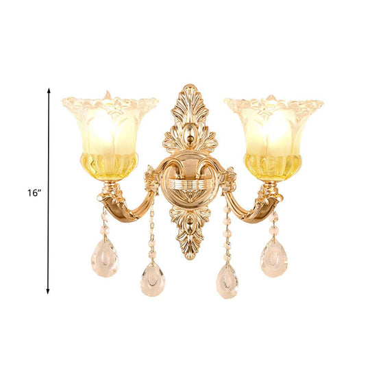 Frosted Glass Wall Sconce With Crystal Draping - Traditionalist Gold Flower Design For Living Room