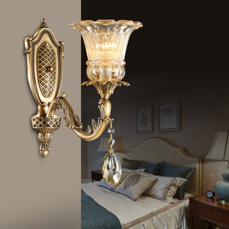 Gold Metal Wall Sconce With Traditional Beveled Glass Crystal Bedroom Lighting