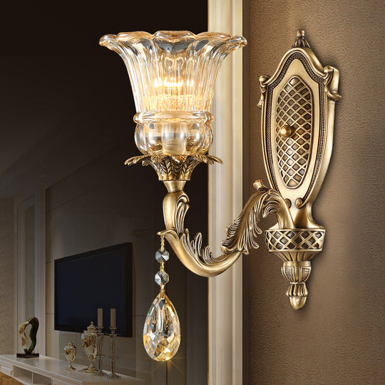 Gold Metal Wall Sconce With Traditional Beveled Glass Crystal Bedroom Lighting