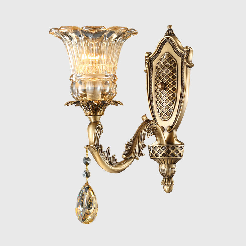 Gold Metal Wall Sconce With Traditional Beveled Glass Crystal Bedroom Lighting