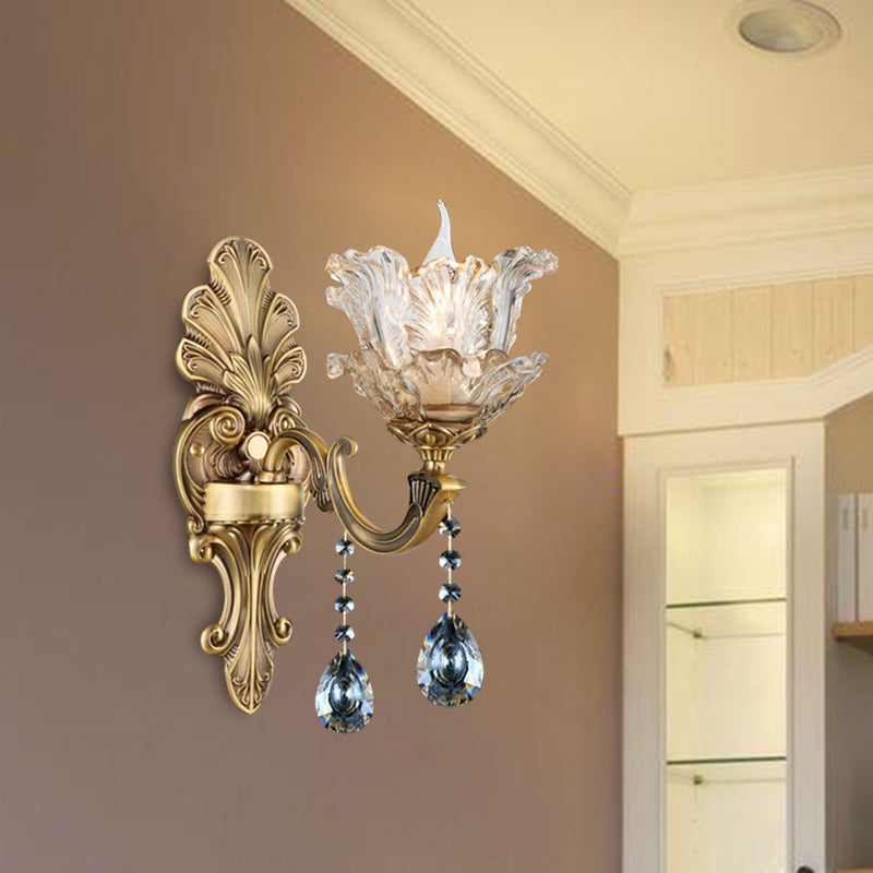 Retro Brass Curved Arm Metal Sconce With Faceted Crystal Accent - 1/2 Lights Living Room Wall