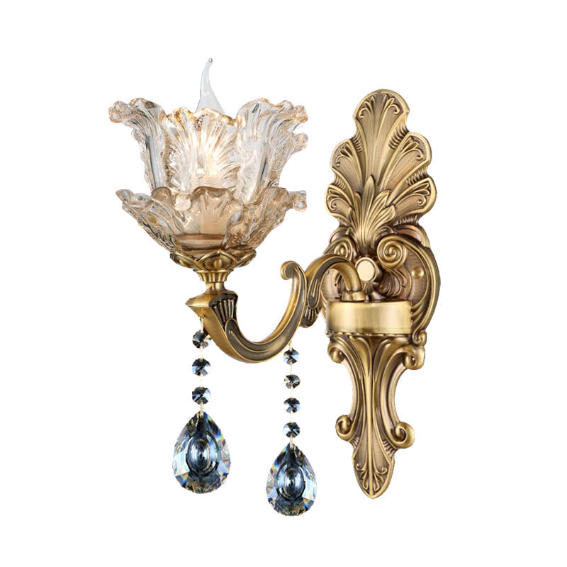 Retro Brass Curved Arm Metal Sconce With Faceted Crystal Accent - 1/2 Lights Living Room Wall