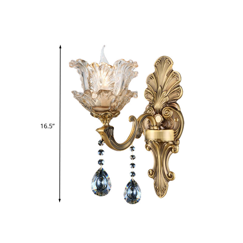 Retro Brass Curved Arm Metal Sconce With Faceted Crystal Accent - 1/2 Lights Living Room Wall