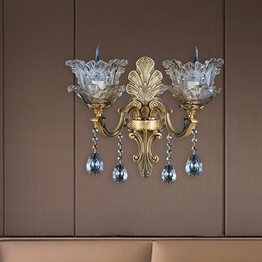 Retro Brass Curved Arm Metal Sconce With Faceted Crystal Accent - 1/2 Lights Living Room Wall