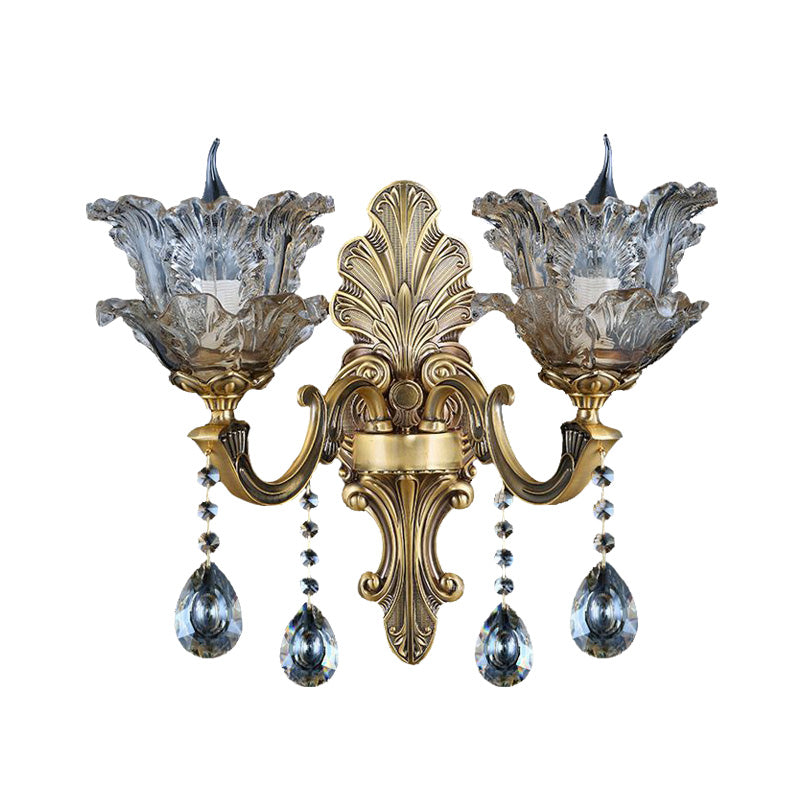 Retro Brass Curved Arm Metal Sconce With Faceted Crystal Accent - 1/2 Lights Living Room Wall