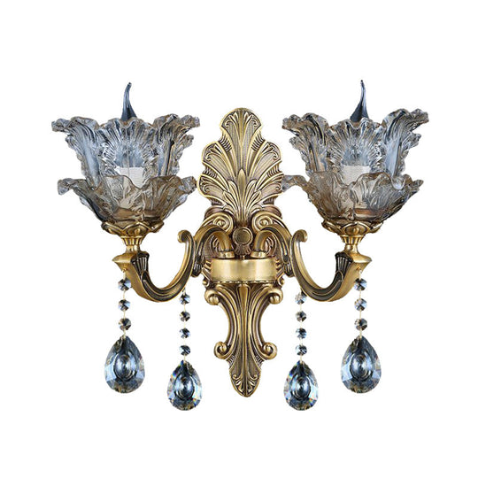 Retro Brass Curved Arm Metal Sconce With Faceted Crystal Accent - 1/2 Lights Living Room Wall