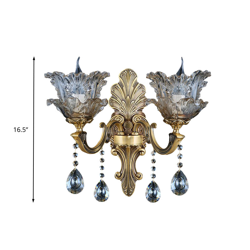 Retro Brass Curved Arm Metal Sconce With Faceted Crystal Accent - 1/2 Lights Living Room Wall