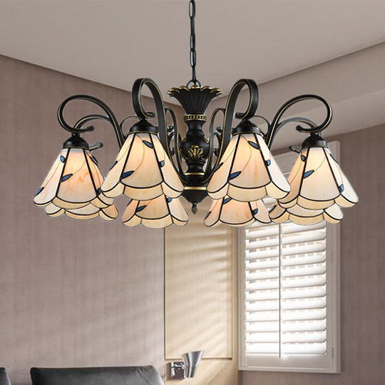 Mediterranean Conical Chandelier Lamp With White/Blue Glass - 5/6/8 Lights Ceiling Light For Living