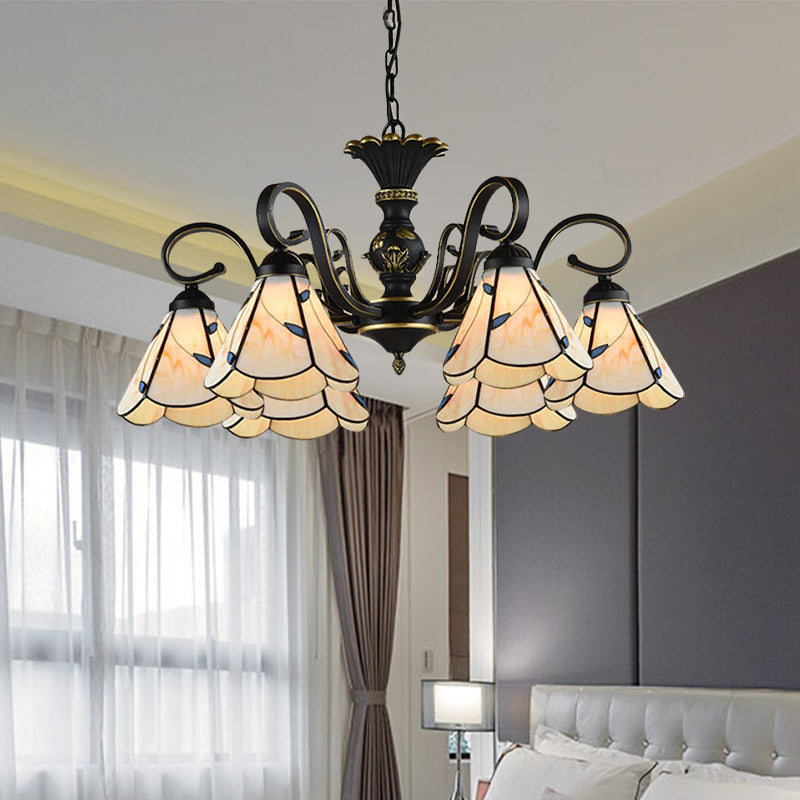 White and Blue Glass Conical Chandelier Lamp with Multiple Lights for Mediterranean Living Rooms