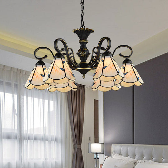 White and Blue Glass Conical Chandelier Lamp with Multiple Lights for Mediterranean Living Rooms