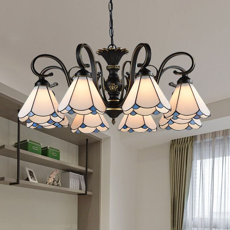 White and Blue Glass Conical Chandelier Lamp with Multiple Lights for Mediterranean Living Rooms