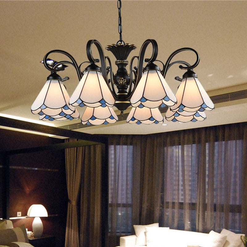 Mediterranean Conical Chandelier Lamp With White/Blue Glass - 5/6/8 Lights Ceiling Light For Living