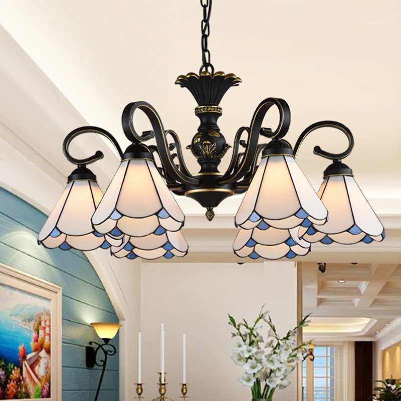 Mediterranean Conical Chandelier Lamp With White/Blue Glass - 5/6/8 Lights Ceiling Light For Living