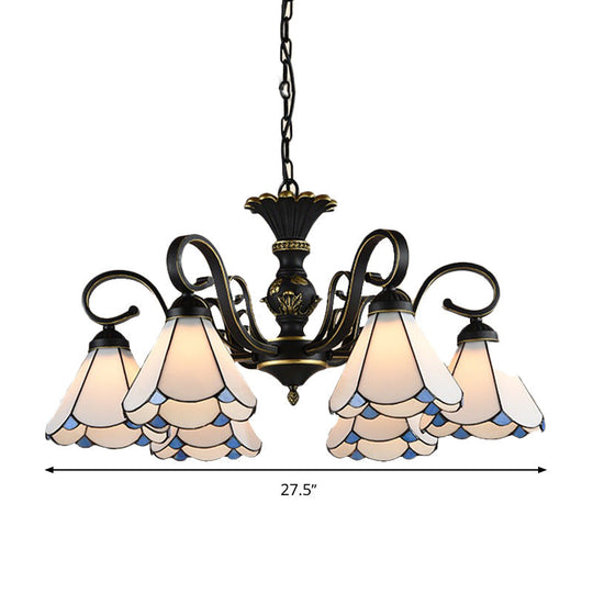 Mediterranean Conical Chandelier Lamp With White/Blue Glass - 5/6/8 Lights Ceiling Light For Living