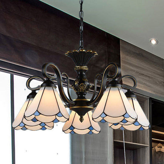 Mediterranean Conical Chandelier Lamp With White/Blue Glass - 5/6/8 Lights Ceiling Light For Living