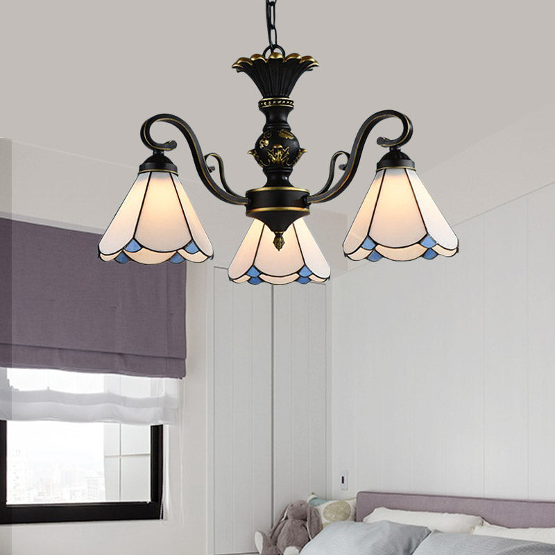 White and Blue Glass Conical Chandelier Lamp with Multiple Lights for Mediterranean Living Rooms