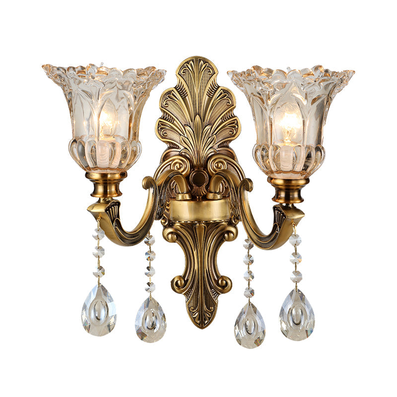 Traditional K9 Crystal Brass Wall Sconce Light With Clear Glass Shade