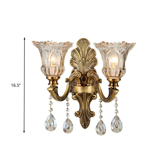 Traditional K9 Crystal Brass Wall Sconce Light With Clear Glass Shade