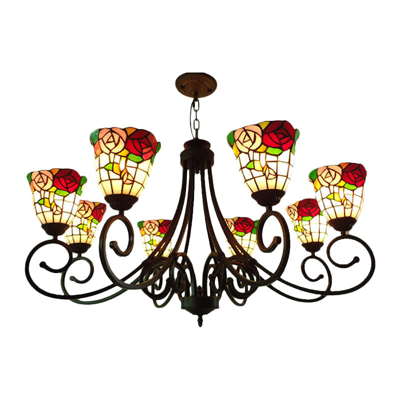 Victorian Cut Glass Arched Chandelier - 8-Light Red/Yellow/Dark Red Pendant Lamp for Living Room