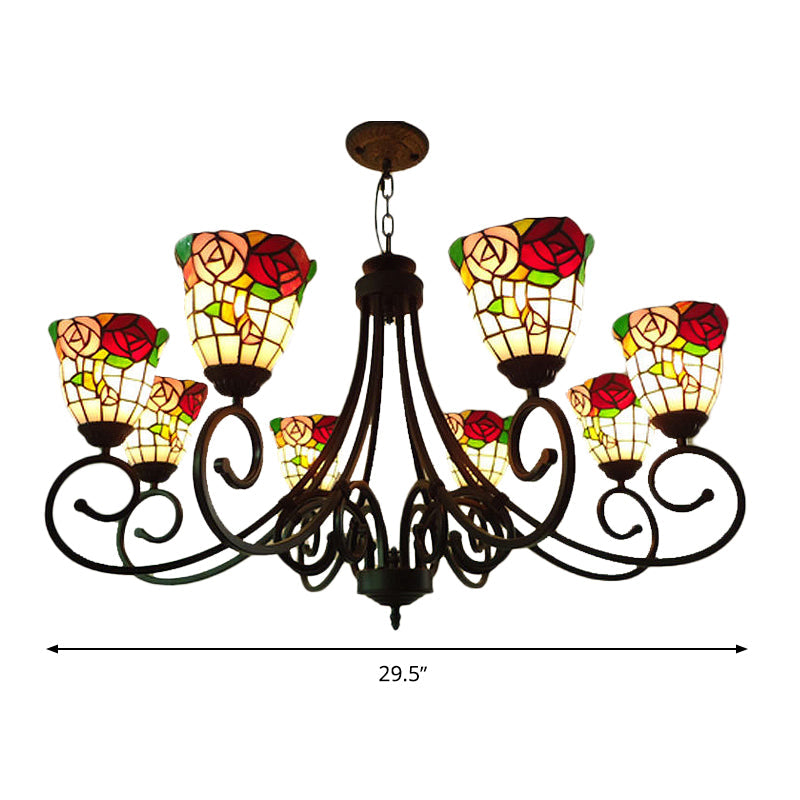 Victorian Cut Glass Arched Chandelier - 8-Light Red/Yellow/Dark Red Pendant Lamp for Living Room