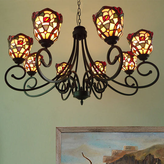 Victorian Cut Glass Arched Chandelier - 8-Light Red/Yellow/Dark Red Pendant Lamp for Living Room