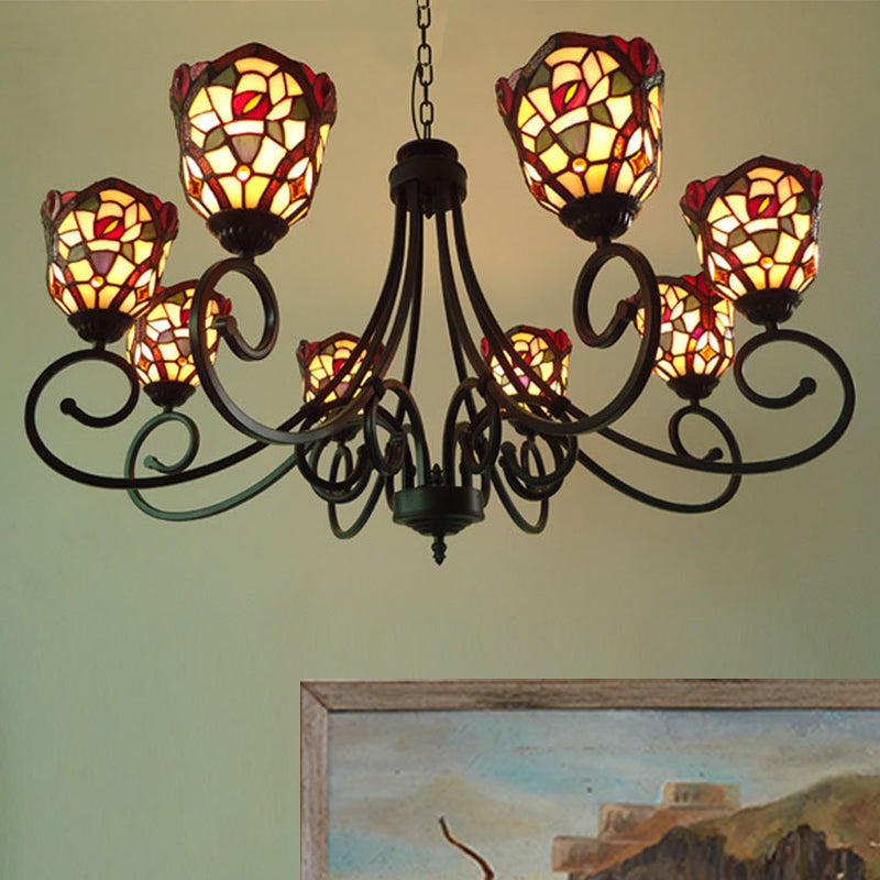 Victorian Cut Glass Arched Chandelier - 8 Lights Red/Yellow/Dark Red Living Room Pendant Lamp Dark