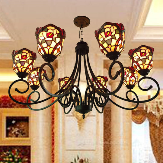 Victorian Cut Glass Arched Chandelier - 8-Light Red/Yellow/Dark Red Pendant Lamp for Living Room